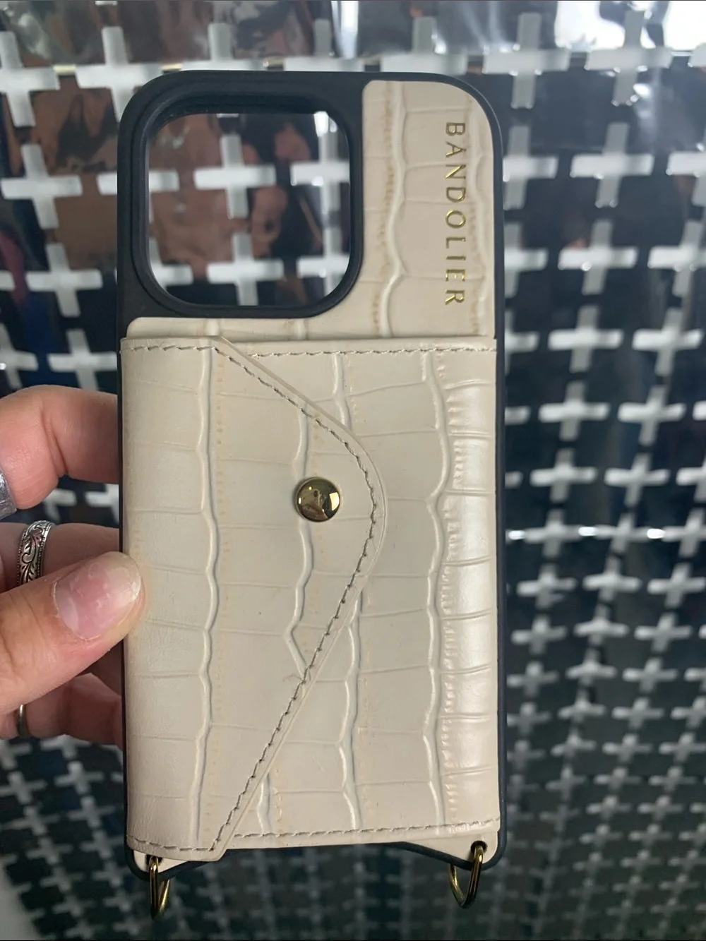 Bandolier Cream Croc-Embossed iPhone 15 Pro Phone Case with Gold Hardware